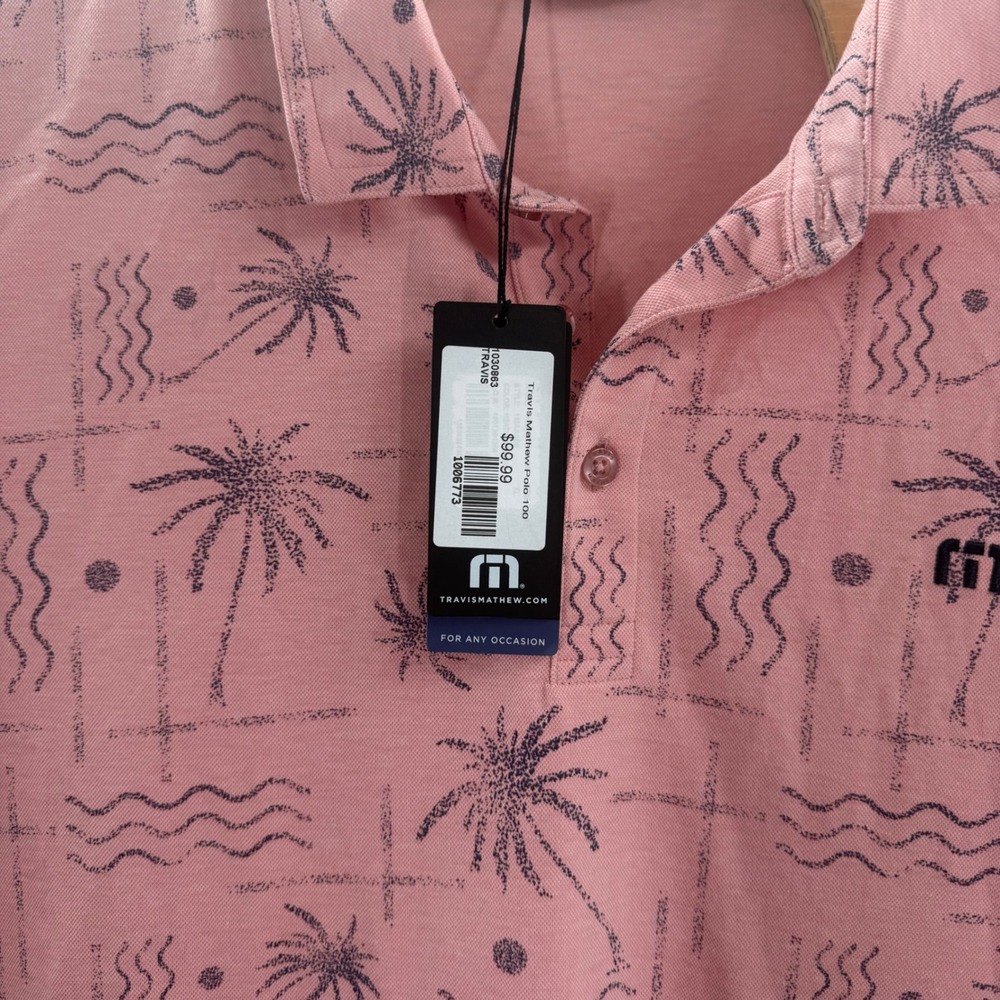 TravisMathew Mens XL Pink Tropical Palm Tree Print Short Sleeve Golf Polo Shirt - Picture 6 of 10